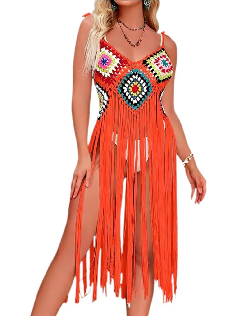 Women's Orange Handmade Boho Acrylic Crochet Fringe Bikini Swimsuit Cover UPS